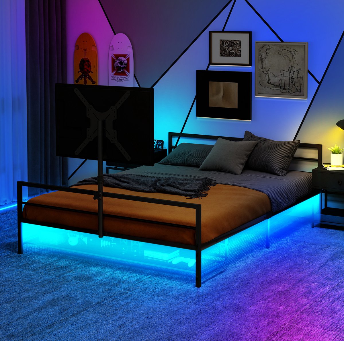 Bedframe Met Verstelbare Monitorhouder En LED-Verlichting 206 Cm Metaal Zwart Voor Gaming Met Opbergruimte