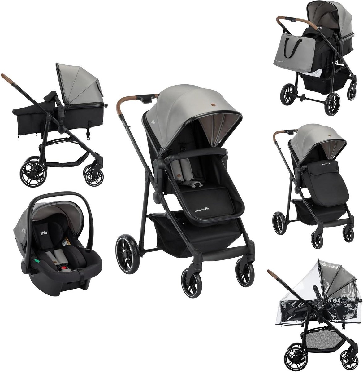 3-in-1 Kinderwagen Set - Combi Kinderwagen Reiswieg - Baby Vervoeren - i-Size Autostoeltje - Tot 22 kg - Grijs