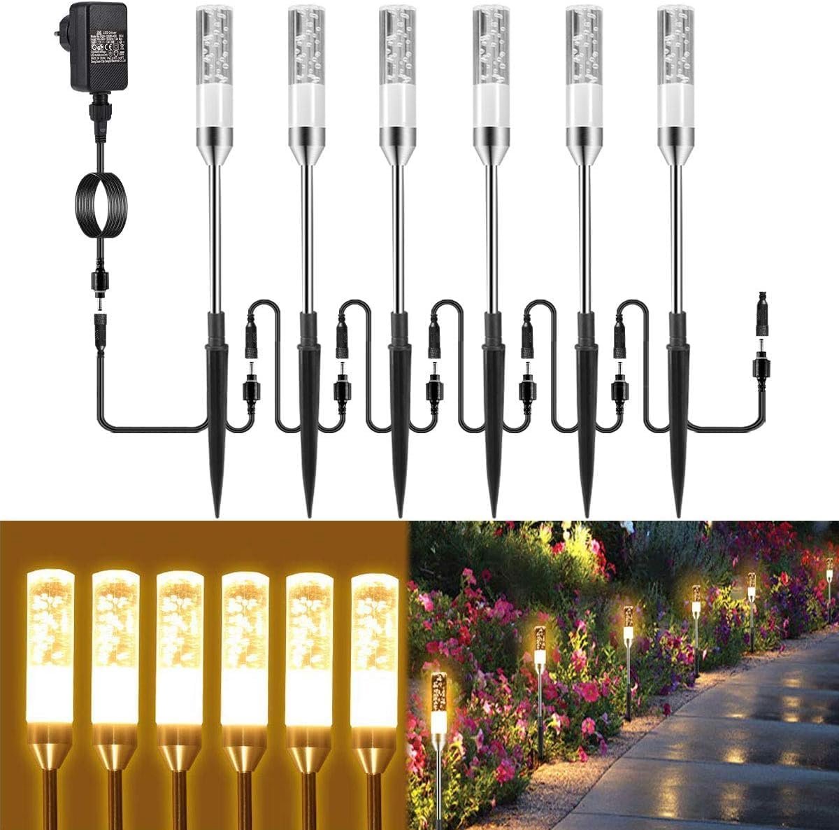 Tuinverlichting Tuinlamp met Grondpen Kabel - Buitenlamp met Stekker - Tuinverlichting 12v led buiten - 570lm - warmwit - IP65 Waterdicht - Buitenverlichting met Grondpen voor Tuin Balkon Planten - 6 stuks [Energieklasse F]