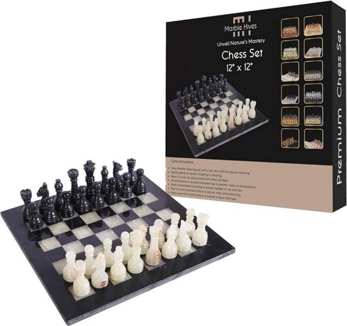 Handgemaakt Marmeren Schaakbord 30x30 cm - Zwart Onyx - Luxe Schaakstukken