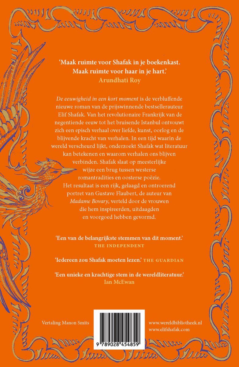 Boekomslag met tekst over 'De eeuwigheid in een kort moment' door Elif Shafak. Geïllustreerd met een vogel en decoratieve lijnen.