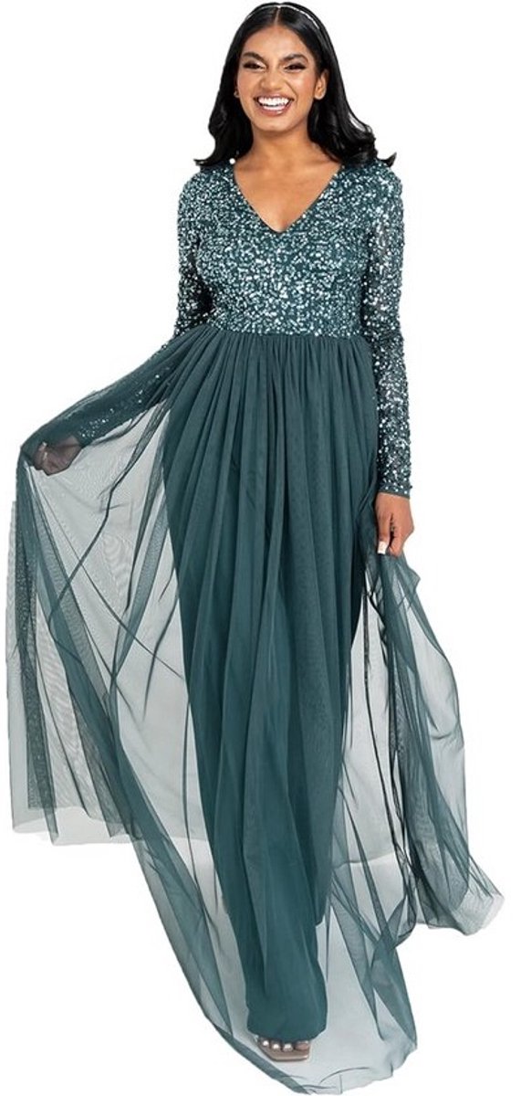 Elegante Maxi Jurk Lange Mouwen Bruiloftsgast V-Hals Empire Taille Avondjurk