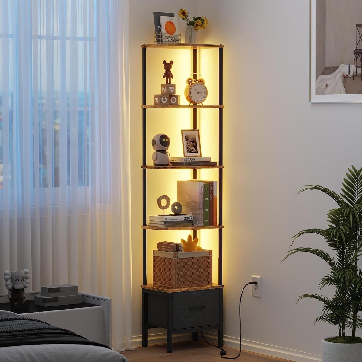 Hoekplank met 5 niveaus, LED-verlichting en lade in Bruin - Ideaal voor opslag en decoratie