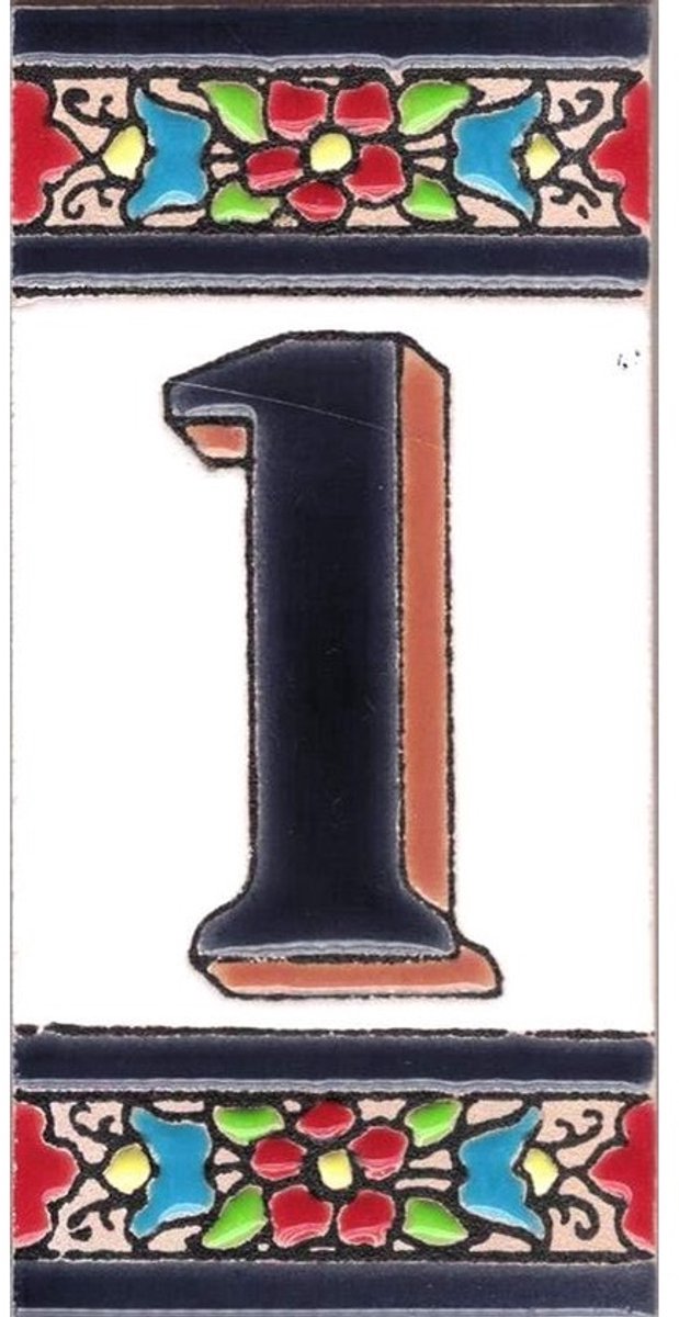 Huisnummer Tegel - Cijfer Naam - Adres Aanduiding - Handbeschilderd Keramiek - 5.5 x 10.5 cm - Nummer 1