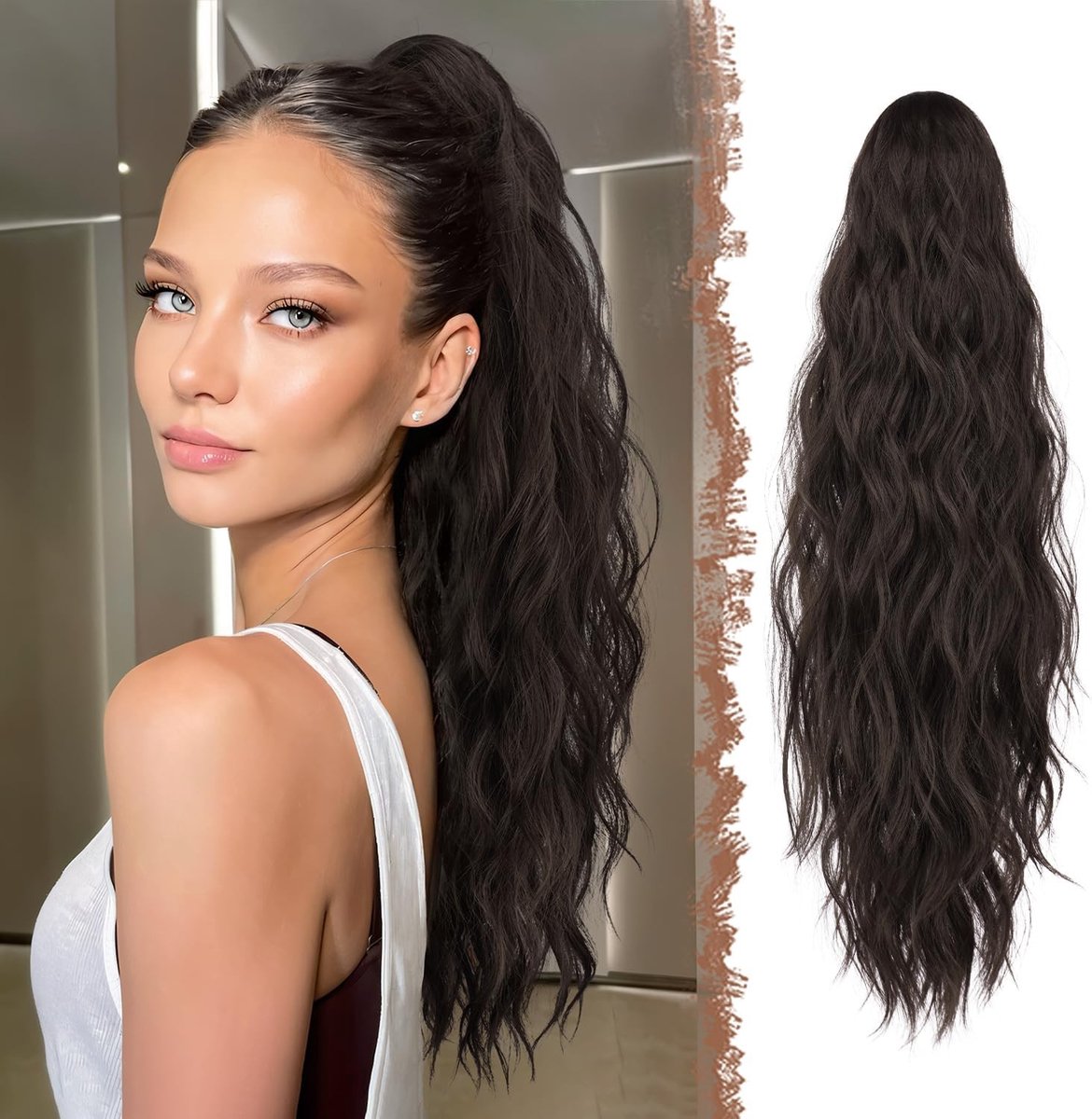 Langgolvende Ponytail Extensions met Klem - Donkerbruin Synthetisch Haar voor Vrouwen, 63 cm - Perfect voor Feestjes en Dagelijks Gebruik