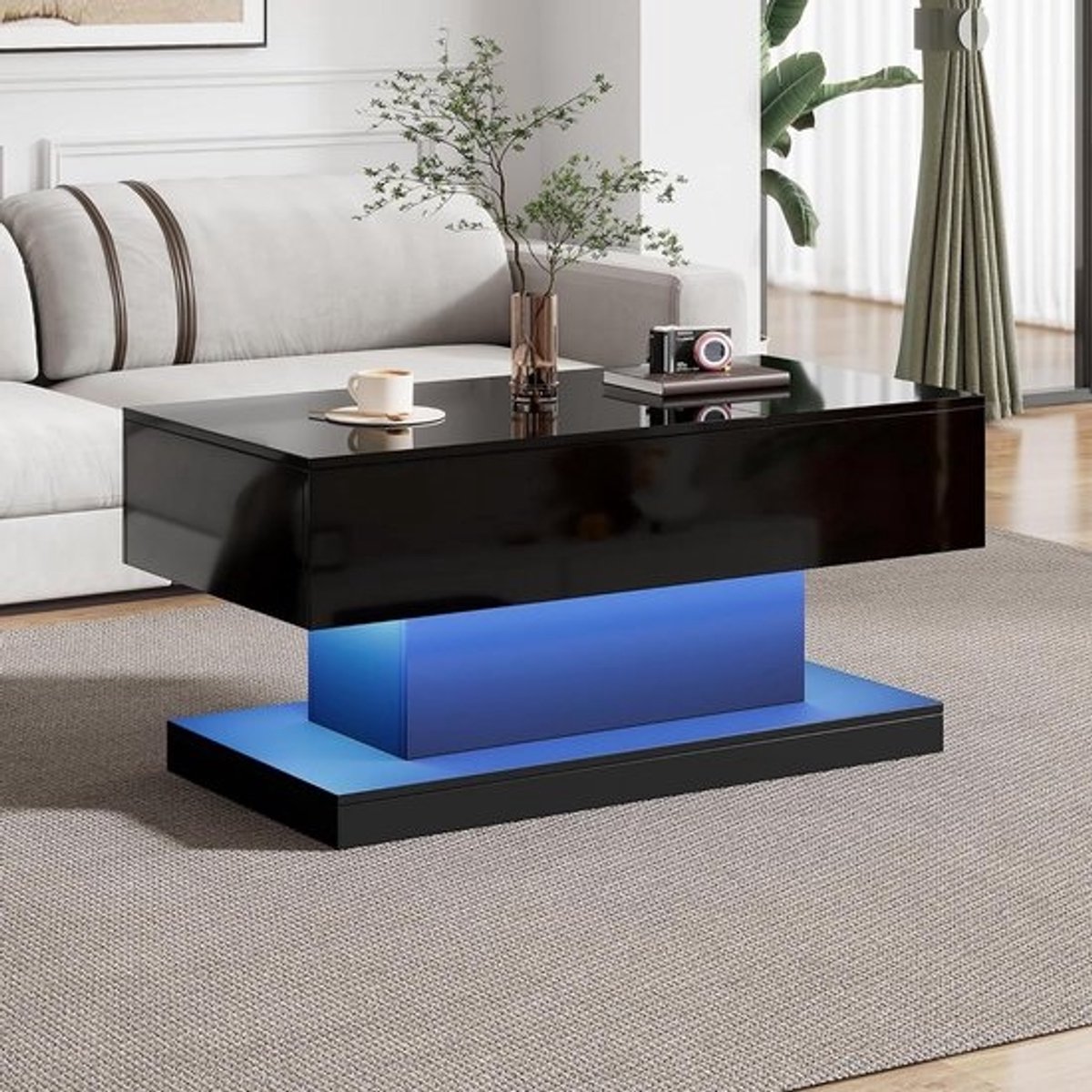 Moderne salontafel – salontafel met led en opslag, hydraulisch optilbaar – 100 x 50 x 45 cm – zwart