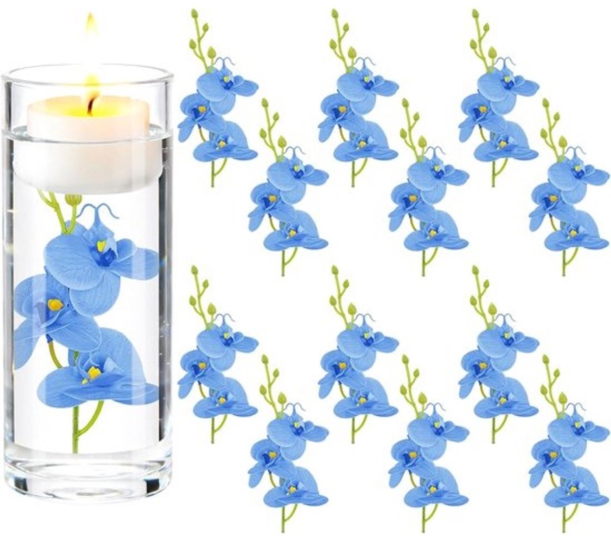 Kunstbloemen Orchidee - Nep Bloemen - Vaas Decoratie - Zijden Bloemblaadjes - 3.5 x 8 Inch - Blauw