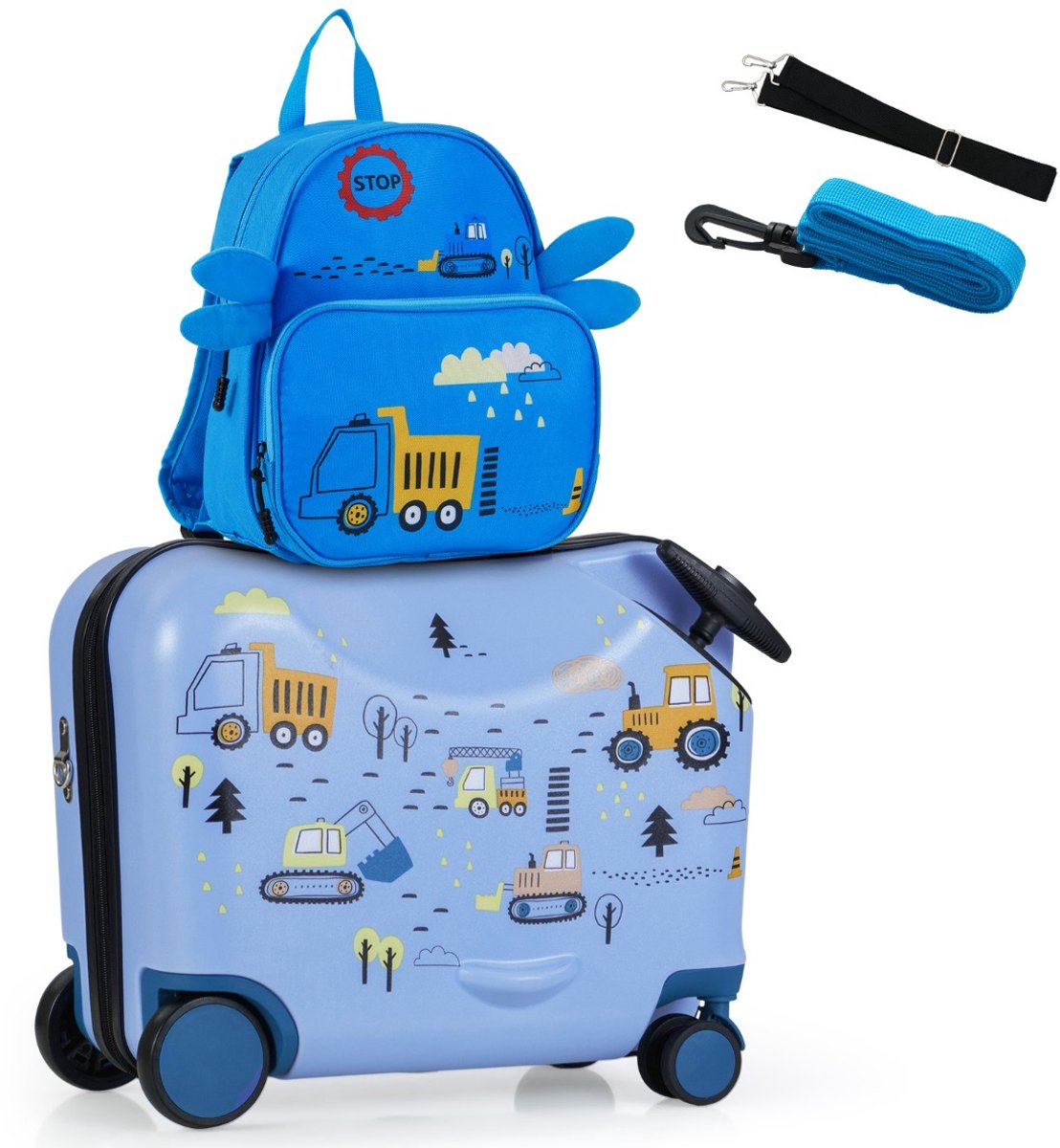 SureDeal® - Kinderkoffer - 2-delige - Rugzak Lange Opzittas - Brede Rugzak Graafmachine - 47x26,5x36,5 cm - Graafmachine