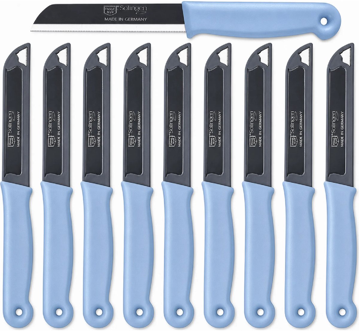 Solingen Kartelmes – Tomatenmes met Kartel – RVS – 18,5 cm met Blade Cover – Pastelblauw – 10 stuks