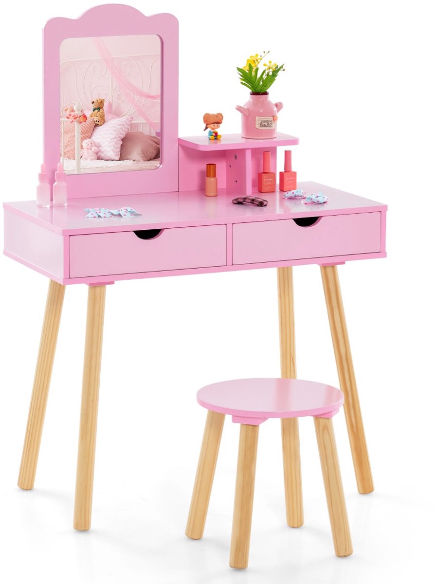 SureDeal® - Kaptafel - Kaptafel - Kinderen - Één Rechthoekige Spiegel - Houten Krukje - 70x34x100 cm - Roze