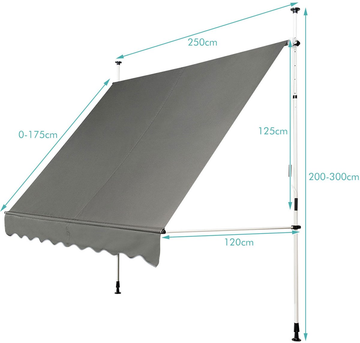 SureDeal® - Luifel - Telescopische Zonwering - Slinger Waterdichte Grijs - 250x120 cm - Grijs