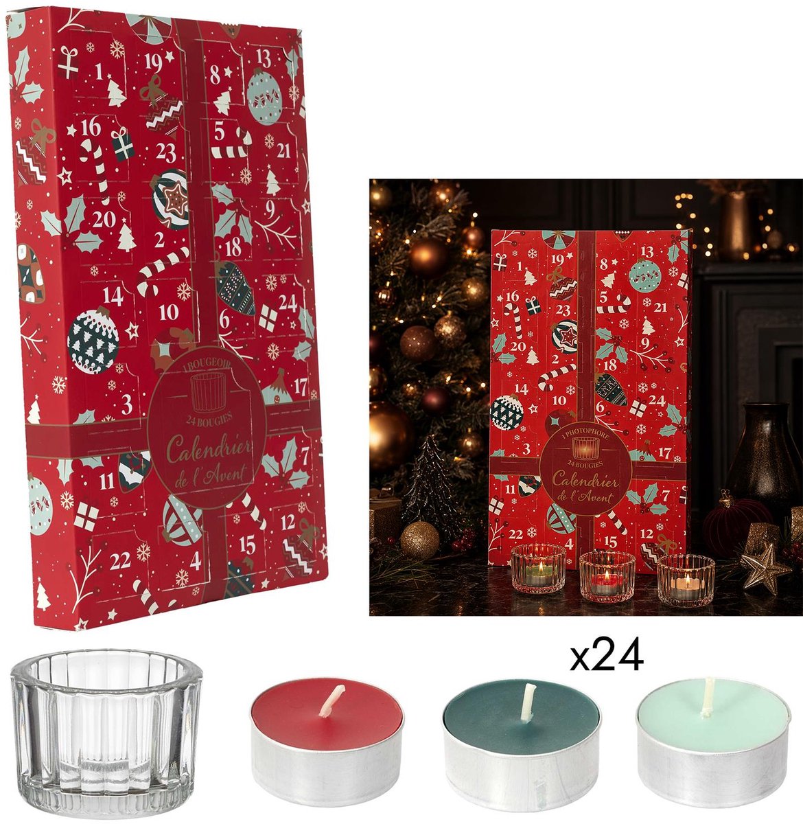 Adventskalender met 24 Geurkaarsen & Glazen Kaarsenhouder – Vanille, Kaneel & Sandelhout – Kerst Advent Kalender 37 cm – Rode Cadeaukalender met Geurkaarsjes