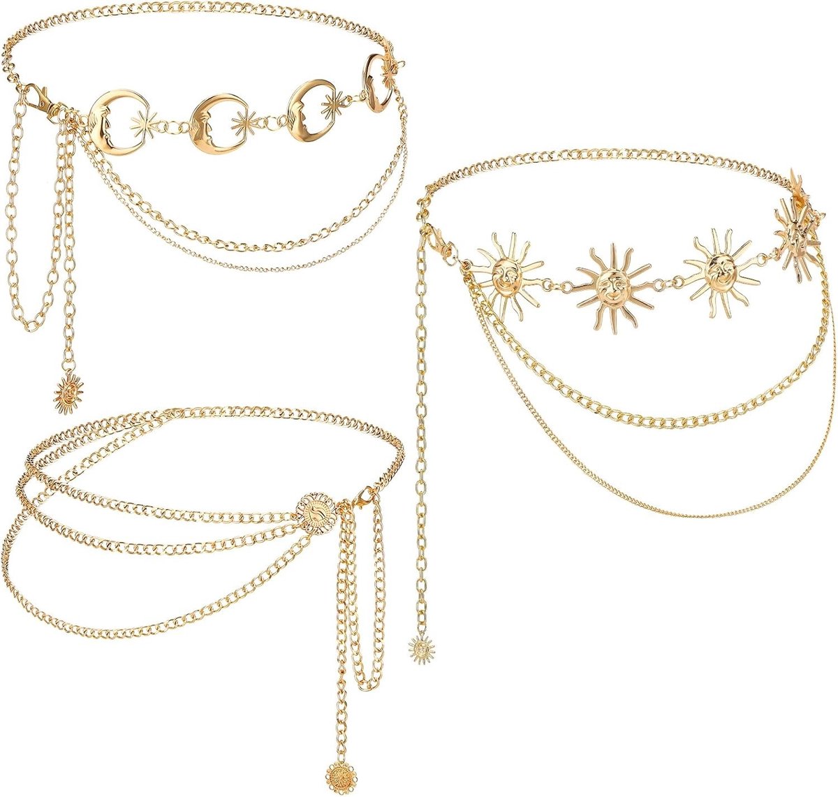 Driedelige Verstelbare Gelaagde Kettingriemen voor Dames - Mode Tailleketting in Goud, Trendy Accessoire voor Elke Outfit