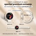 Afmetingen van een crème smartwatch met een witte band, meting van 49,5 mm, 42,5 mm, 11,6 mm en 170-260 mm.