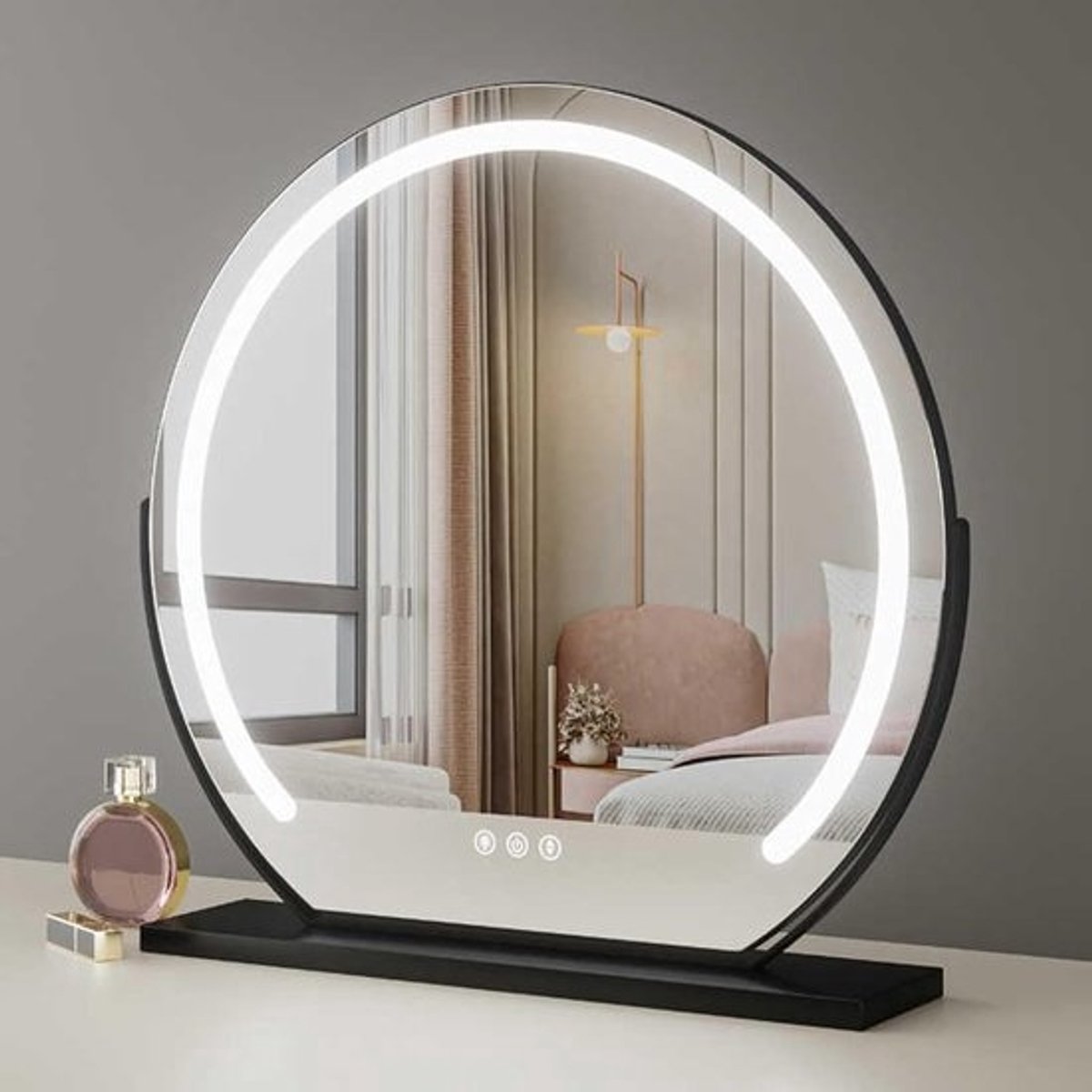 Make-upspiegel met ledverlichting, dimbare ronde spiegel, 300° draaibaar tafelblad Hollywood-stijl voor perfecte make-uptoepassing