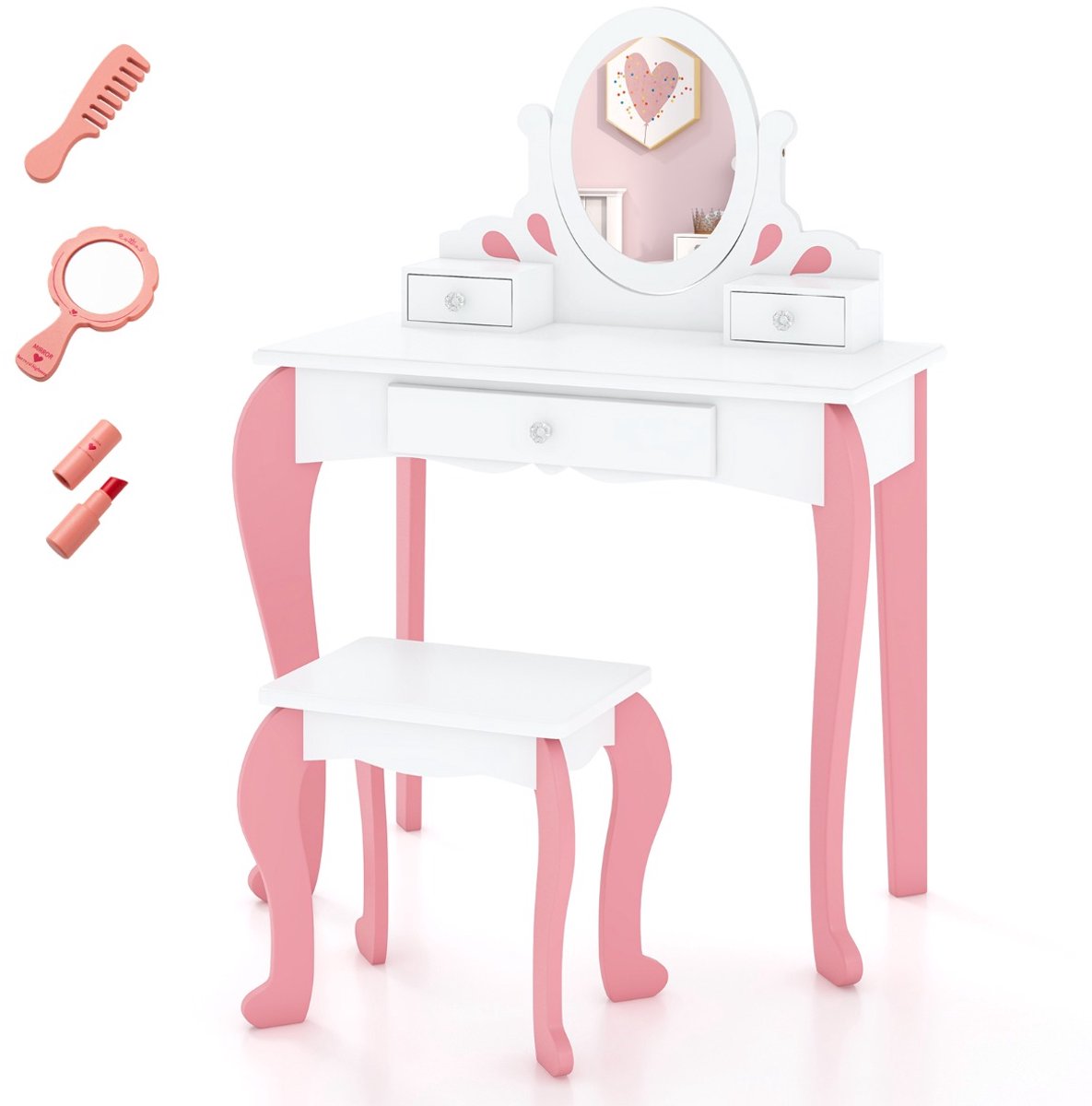 SureDeal® - Kaptafel - Kaptafel - Stoel - Kinderen Kaptafel - Verwijderbare Draaibare Spiegel - Lades Kaptafel Roze - 70x33,5x99,5 cm - Wit