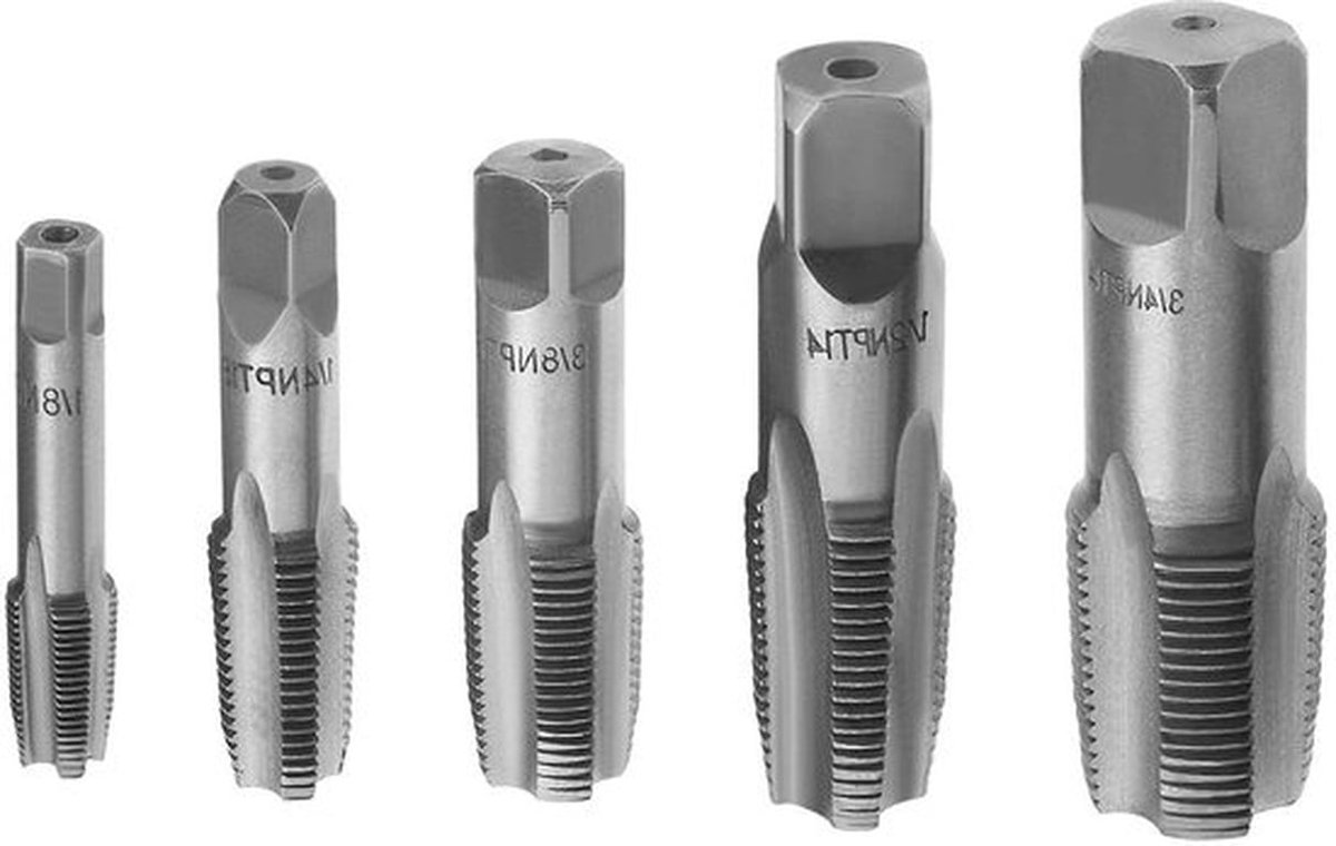 - Pijp Tap Draad Kranen - NPT 60 Graden - 5 Stuks - Cilindrische Pijp Draad Tool - Geschikt voor 1/8 1/4 3/8 1/2 3/4 NPT Pijp Draden - Stalen Pijp Draadgereedschap