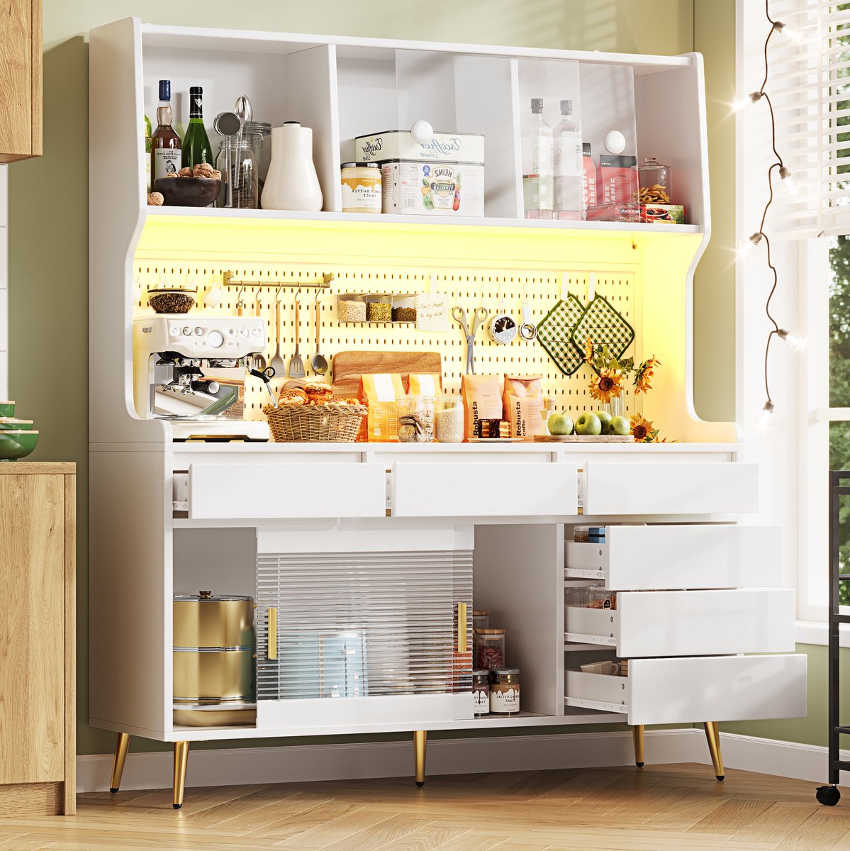 COVREO Buffetkast 145 x 39 x 171 cm - met LED-verlichting, schuifdeuren, lade en glasfront