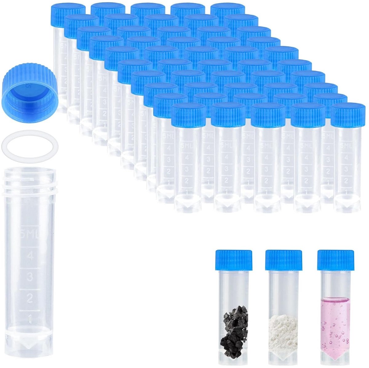 50 Stuks Monsterbuizen met Schroefdop, Plastic Gemerkte Tubes, Kleine Flesjes voor Laboratoriumgebruik en Chemische Reacties, 5ml