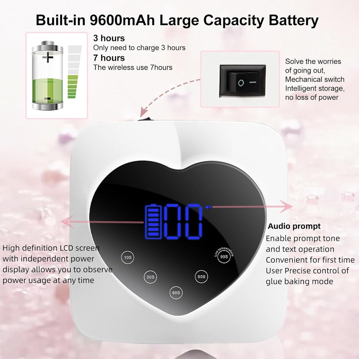 UV LED Nail Lamp Cordless 72W Portable Nail Dryer Light Rechargeable UV Light for Gel Nails Polish/Acrylic,Fast Curing Gel Polish Lamp with 5 Timer Smart Sensor,Nail Art Drying Tools for Home Salon
