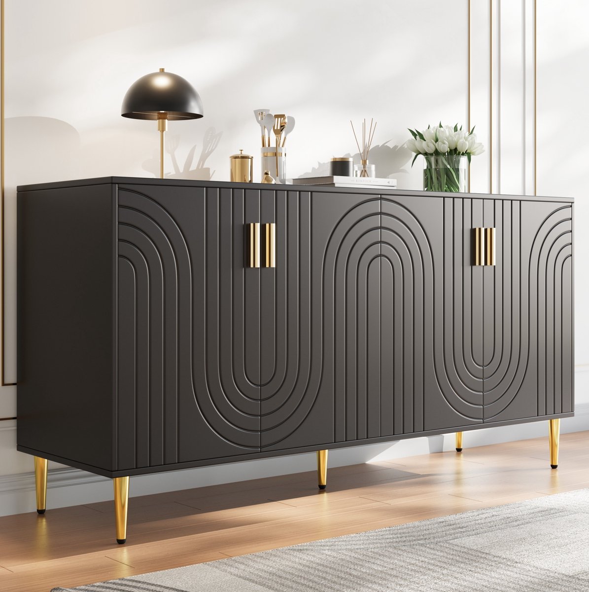COVREO dressoir 152 x 40 x 75 cm - zwart MDF met golvend front en gouden details