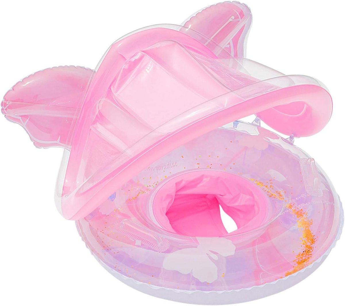 Baby-vlotter met sprankelend vlinderontwerp en kap – baby-zwemband voor 6-12 maanden, anti-kantelzitje, zonnekap – veilig waterplezier.L