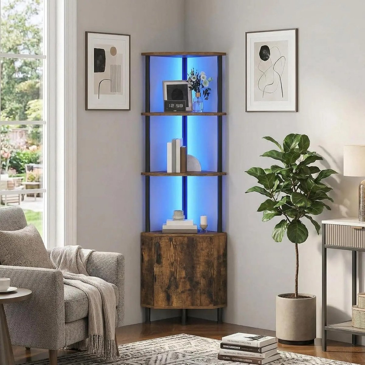 RosaBloom Hoekboekenkast - Hoekkast - Boekenplank - Industrieel Opbergrek - Ingebouwde LED-Verlichting - 147,5 x 42 x 42 cm - Industrieël