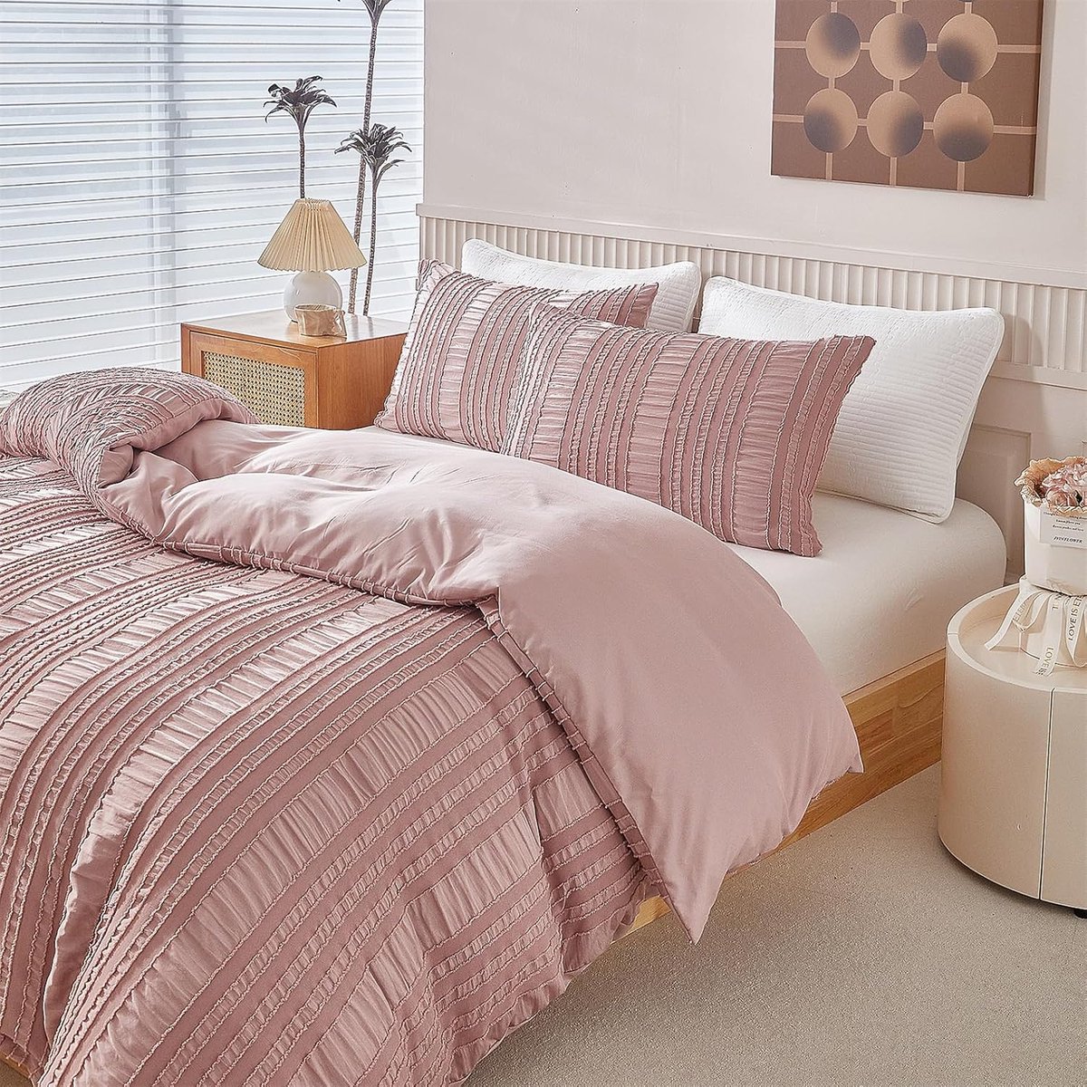 SnelShoppen - Seersucker Beddegoed 200x200 cm - Roze Gestreept Tufted Dekbedovertrek met Rits en 2 Kussenslopen - Zacht Ademend Microfiber Boho Bedlin