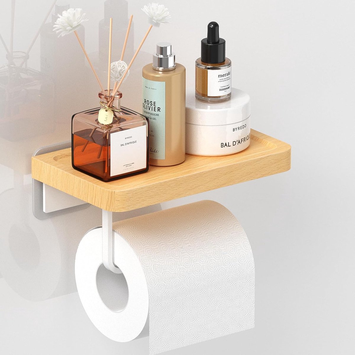 Thijox - Zelfklevende Toiletpapierhouder van Natuurlijk Beukenhout 20 cm - Boren Niet Nodig - Massief Europees Hout voor Keuken en Badkamer - Hygiënis