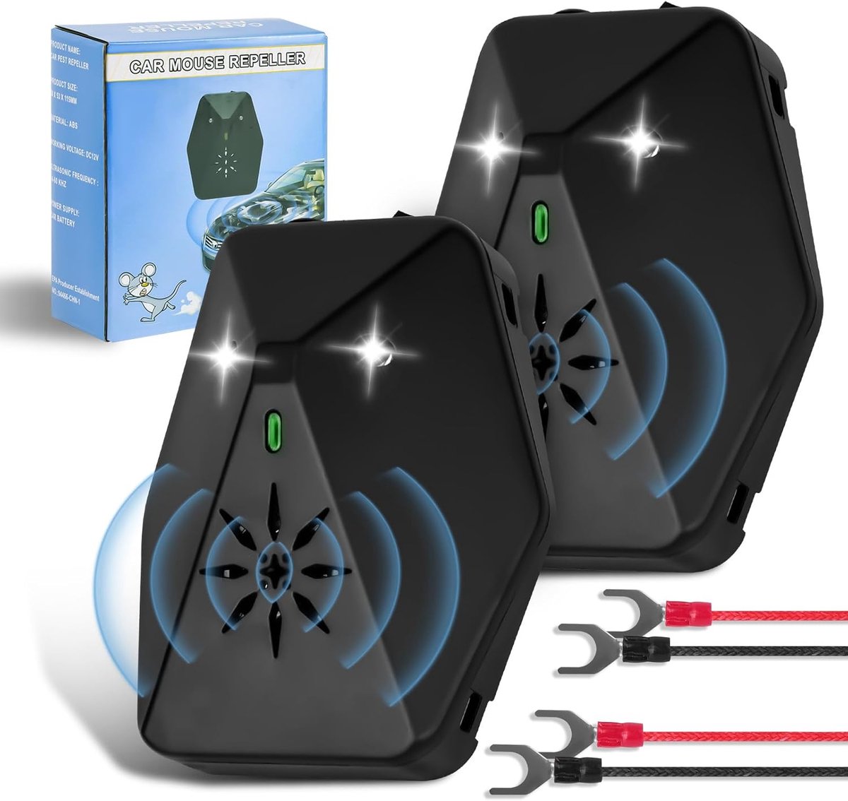 Thijox - Marterafschrikmiddel 2 stuks, Ultrasoon, Multifrequentie, Intelligent, Knipperlicht, Marterbescherming voor Auto en Motorcompartiment