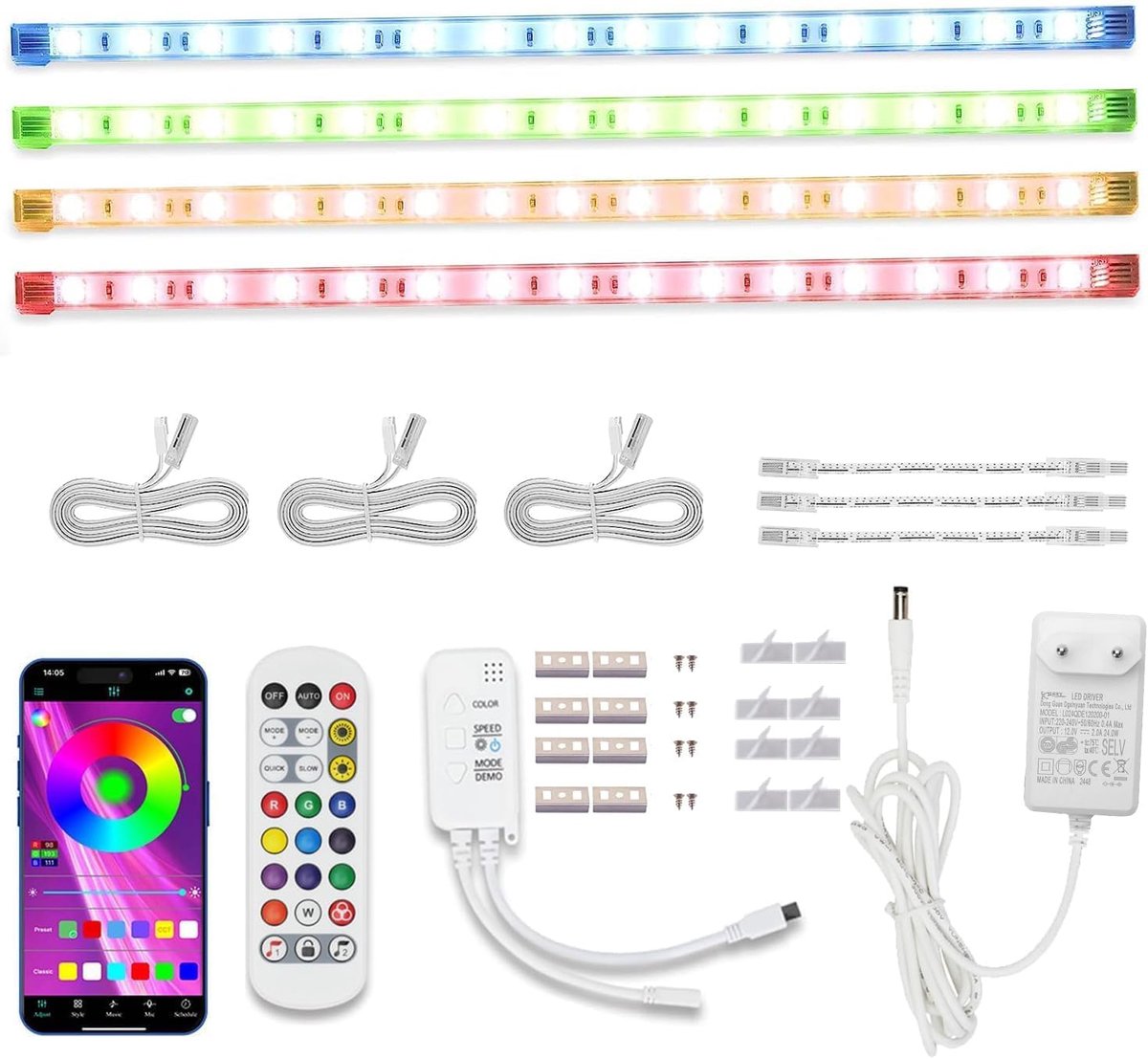Thijox - RGB-kastverlichting 4 x 30 cm koppelbare LED-lichtbalkset voor vitrinekasten, muziek synchronisatie, app bediening, sfeer verlichting, kleurr