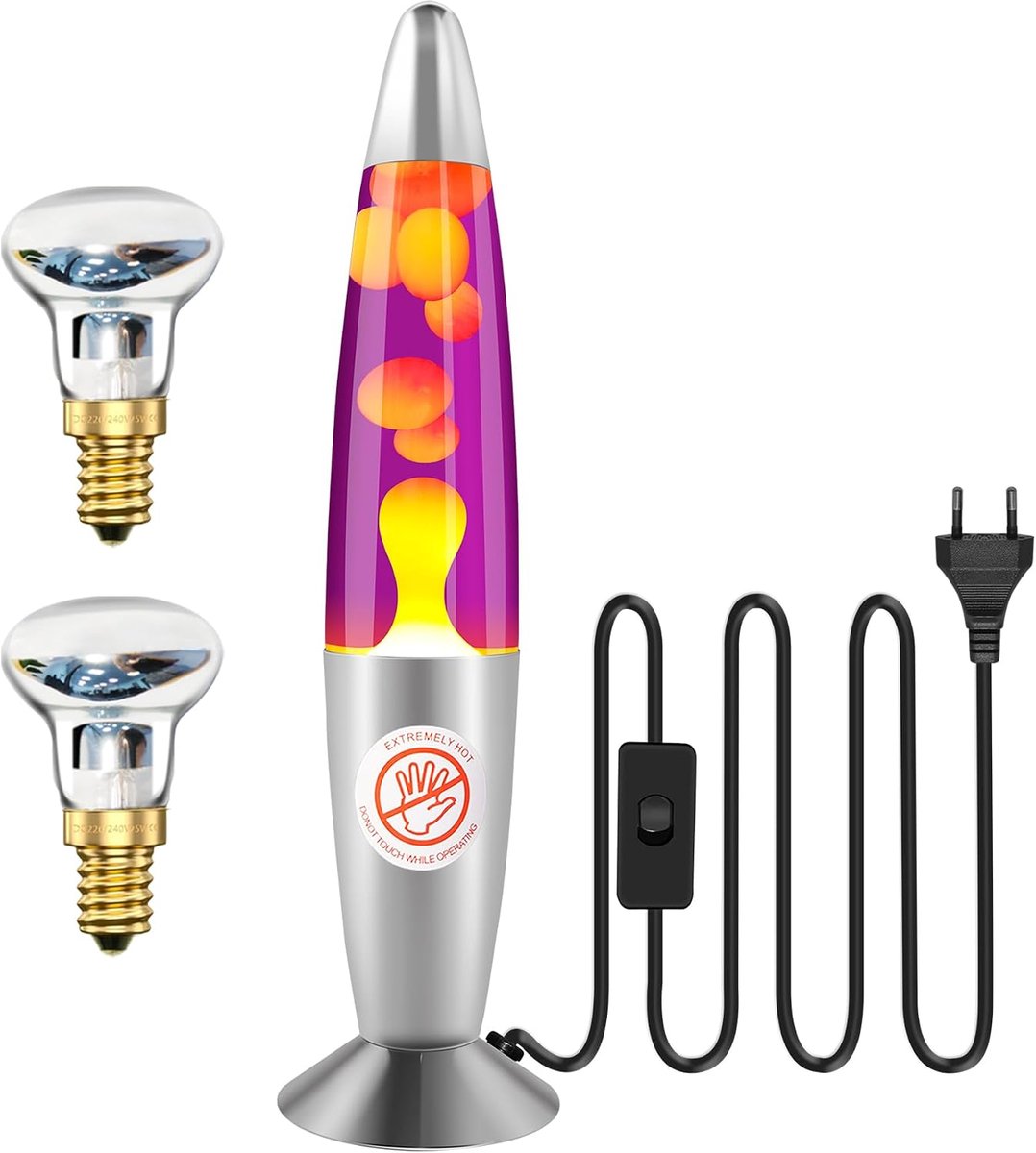 Thijox - Lavalamp Retro Klassiek 34 cm Paars Water & Gele Was - Aluminium & Glas Decoratieve Tafellamp voor Feest, Kamers, Tuin - EU-stekker - 2x R39