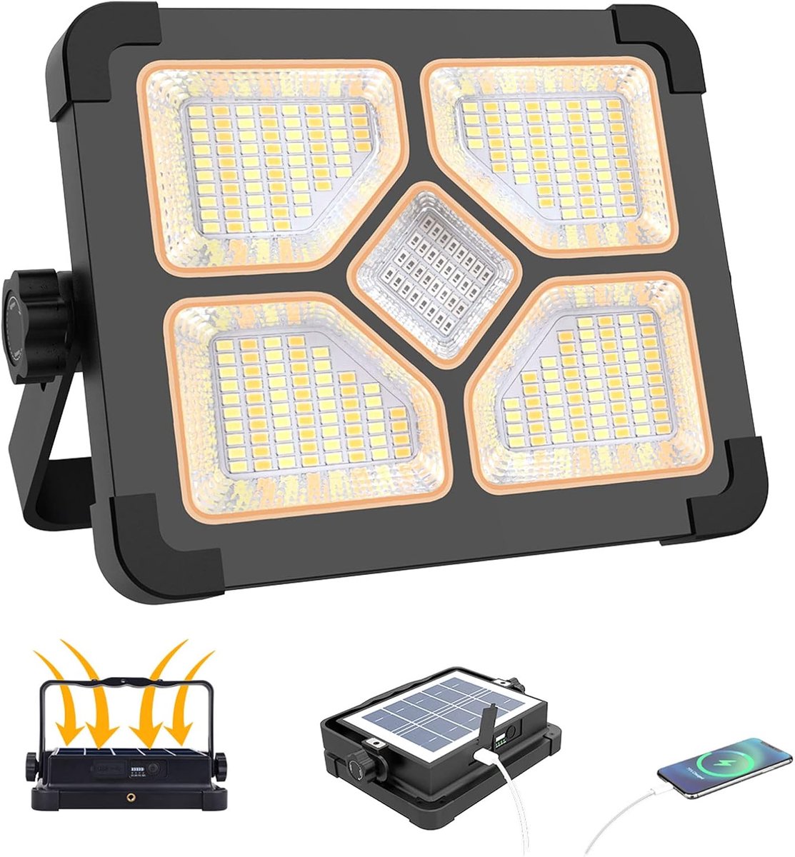 Thijox - Oplaadbare LED-Spot 150W Draagbare Werklamp met 15000mAh Batterij, 5 Lichtmodi, 296 LEDs, Zonnepaneel, Powerbank voor Camping, Noodgevallen,