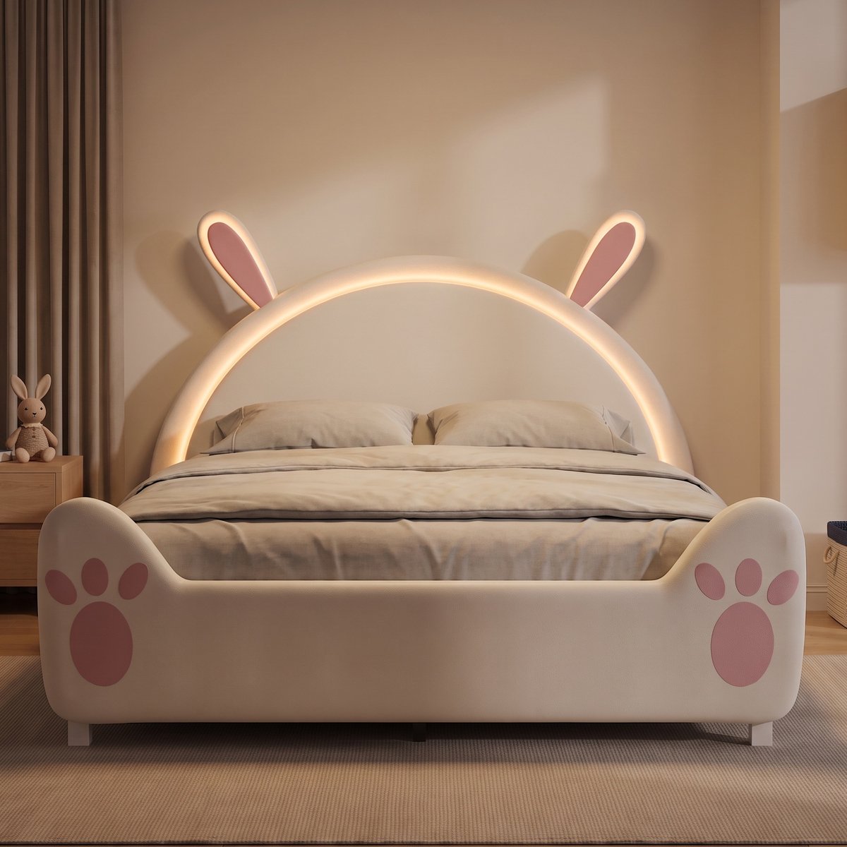 Gestoffeerd Kinderbed 140x200 cm - Tweepersoonsbed met LED en Konijnenoren hoofdbord - Fluwelen bed met Lattenbodem - Wit