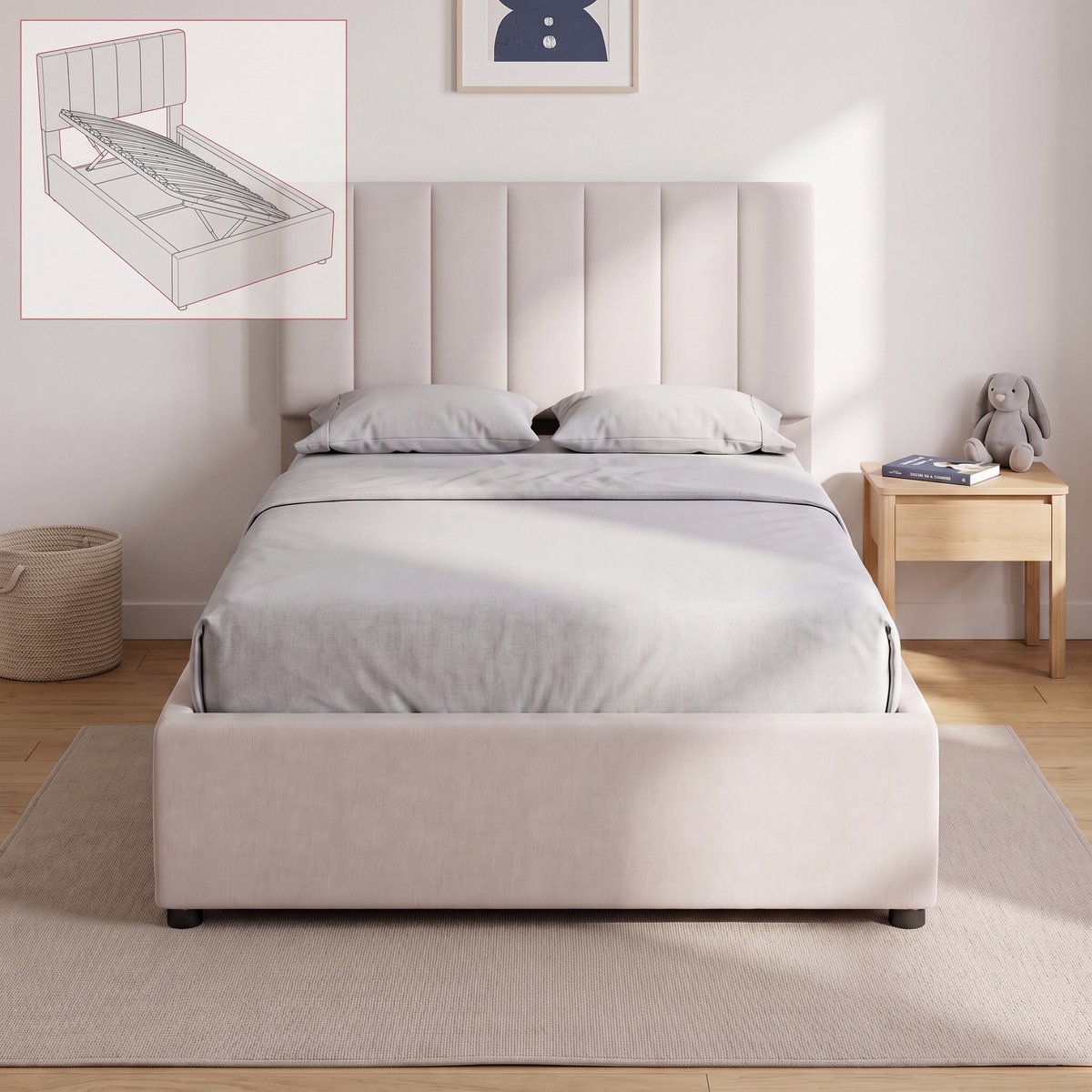 Mofor Gestoffeerd Eenpersoonsbed 90x200 cm - Opbergbed met lattenbodem - Kinderbed met Verstelbaar hoofdbord - Linnen - Modern - Beige