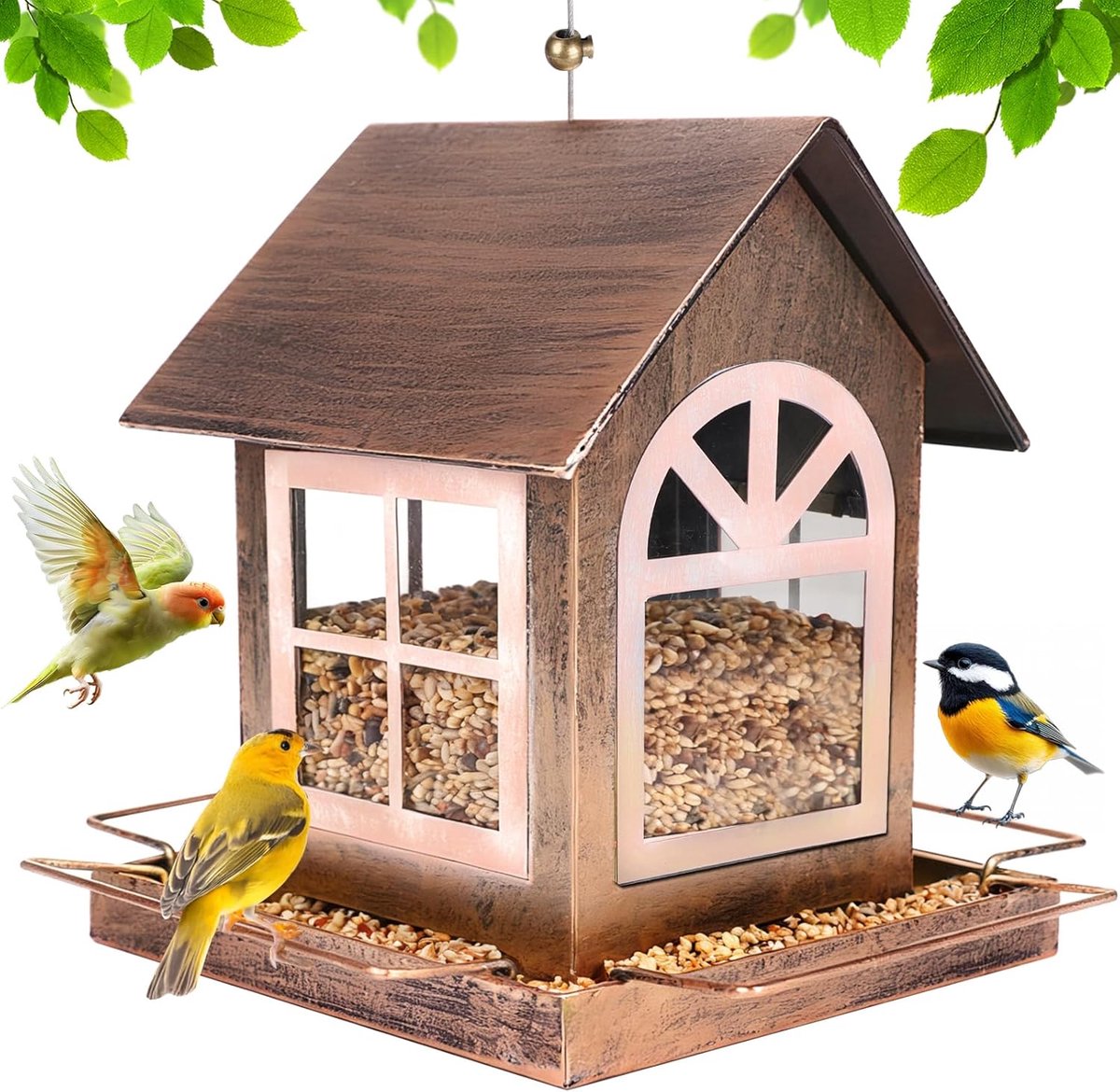 SnelShoppen - Vogelvoederhuisje voor Hangend Gebruik - Metalen Voederstation - Weerbestendig - 14,5 x 18,5 x 23 cm - Bronzen Kleur - Ideaal voor Tuin