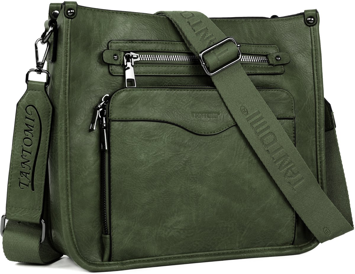 TANTOMI - Schoudertas Dames - met 6 RFID-Kaartsleuven - Multi-rits ontwerp - Middelgrote Schoudertas Dames Crossbodytas - met Brede Band Verstelbare en Afneembare - Donkergroen