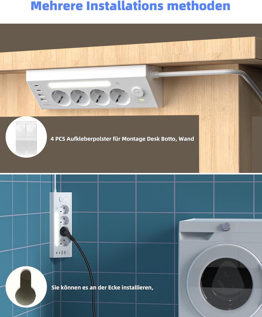 Thijox - 4-voudige Hoekstekkerdoos met USB en 2 Type-C, 90° Hoekstopcontact met Schakelaar, Overspanningsbeveiliging, Wandmontage, LED Indicator, 1,8