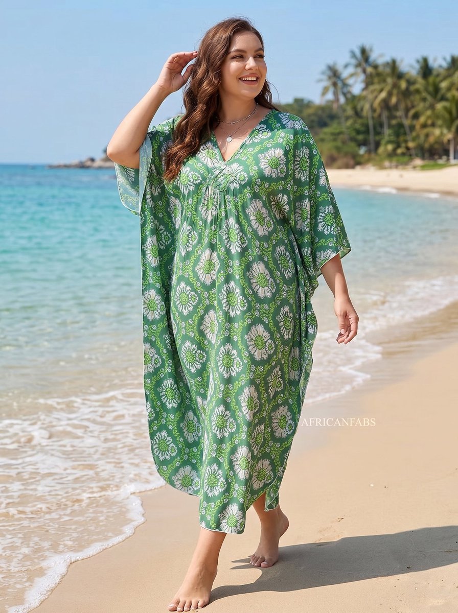 Boho rayon kaftan jurk - Groen Wild Daisy - Strand Cover Up Caftan Maxi Jurk
