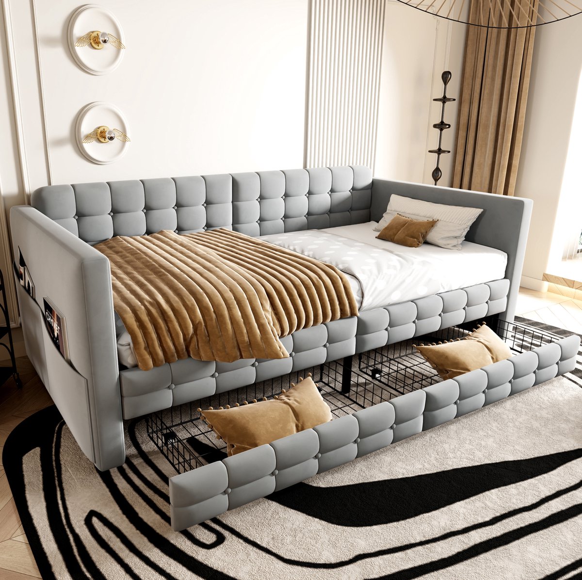 OKWISH Gestoffeerde Slaapbank 90x190 cm - Met Opbergvakken en 2 Lades - Lattenbodem - Eenpersoonsbed voor Logeerkamer - Lichtgrijs - Zonder Matras