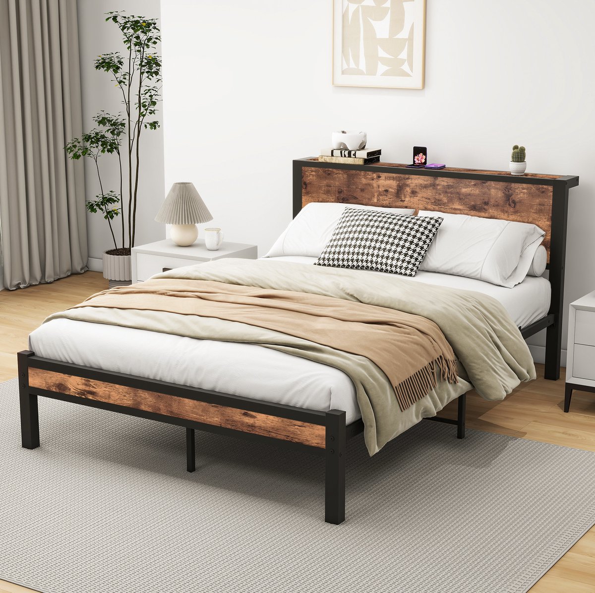 OKWISH Metalen Bed 140x200 cm - Met Opberg Hoofdbord - Platformbed Zonder Boxspring - 27 cm Opbergruimte - Industrieel - Antiekbruin - Zonder Matras