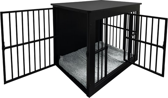 Zwarte houten hondenkennel van 80,5x59x70,5 cm met de deuren aan de voor- en zijkant open, met een wit gestreept kussen binnenin.