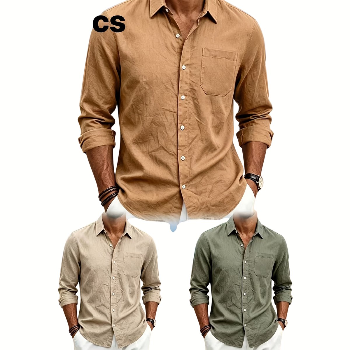 Currero Linnen Blouse Heren T Shirt Polo Overhemd Shirt Zomer Ibiza Stijl + +Legergroen Bruin