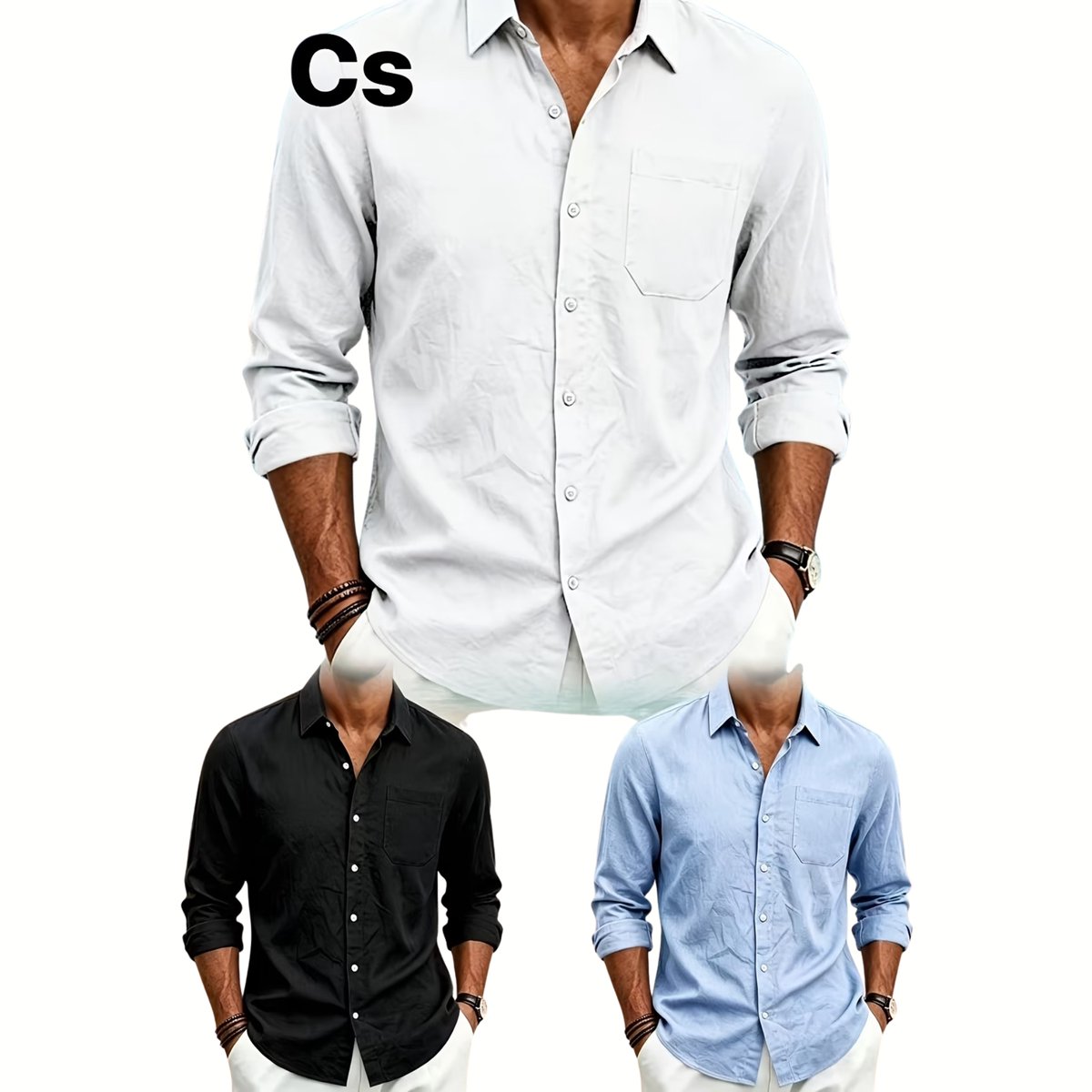 Currero Linnen Blouse Heren T Shirt Polo Overhemd Shirt Zomer Ibiza Stijl + +Lichtblauw Zwart