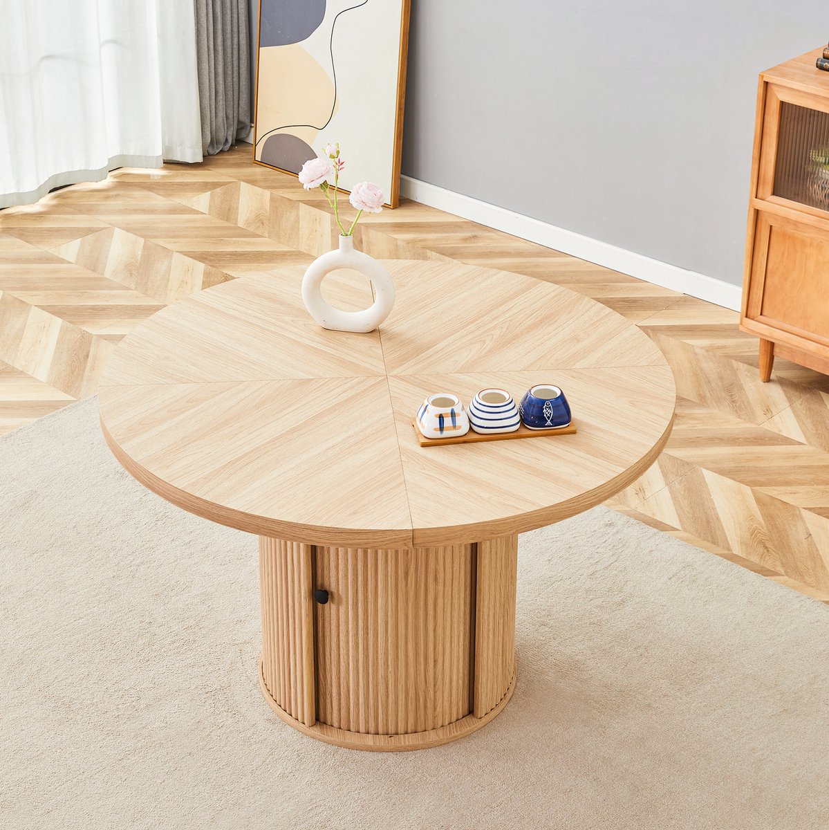 OKWISH Eettafel – Ronde Eettafel Met Opbergruimte – 115×115×74 cm – Geschikt Voor 4 Tot 6 Personen – Scandinavische Stijl – MDF Houtlook