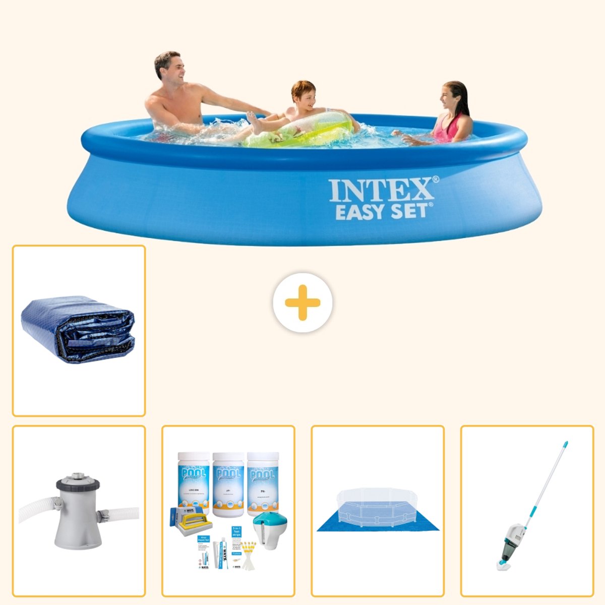 Intex Rond Opblaasbaar Easy Set Zwembad - 305 x 61 cm - Blauw - Inclusief Pomp - Onderhoudspakket - Grondzeil - Stofzuiger - Solarzeil - 6-delig
