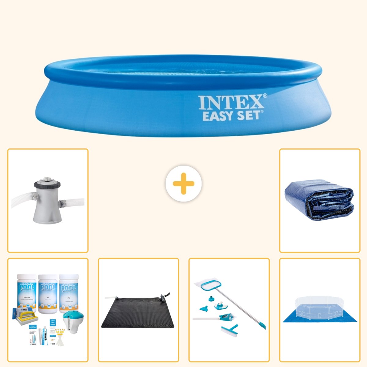 Intex Rond Opblaasbaar Easy Set Zwembad - 305 x 61 cm - Blauw - Inclusief Onderhoudspakket - Solar Mat - Schoonmaakset - Grondzeil - Zwembadfilterpomp - Solarzeil - 7-delig