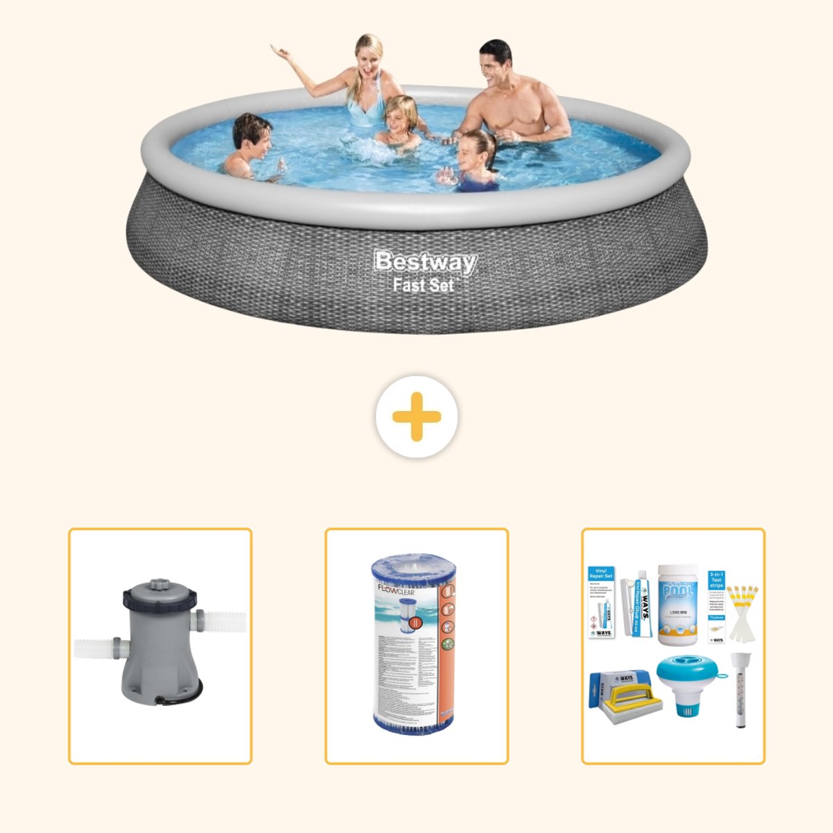 Bestway Rond Opblaasbaar Fast Set Zwembad - Rotanprint - 396 x 84 cm - Inclusief Pomp - Filter - Onderhoudspakket - 4-delig
