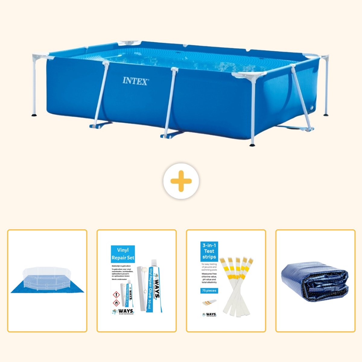 Intex Rechthoekig Frame Zwembad - 260 x 160 x 65 cm - Blauw - Inclusief Grondzeil - Reparatiesetje - Testrips - Solarzeil - 5-delig