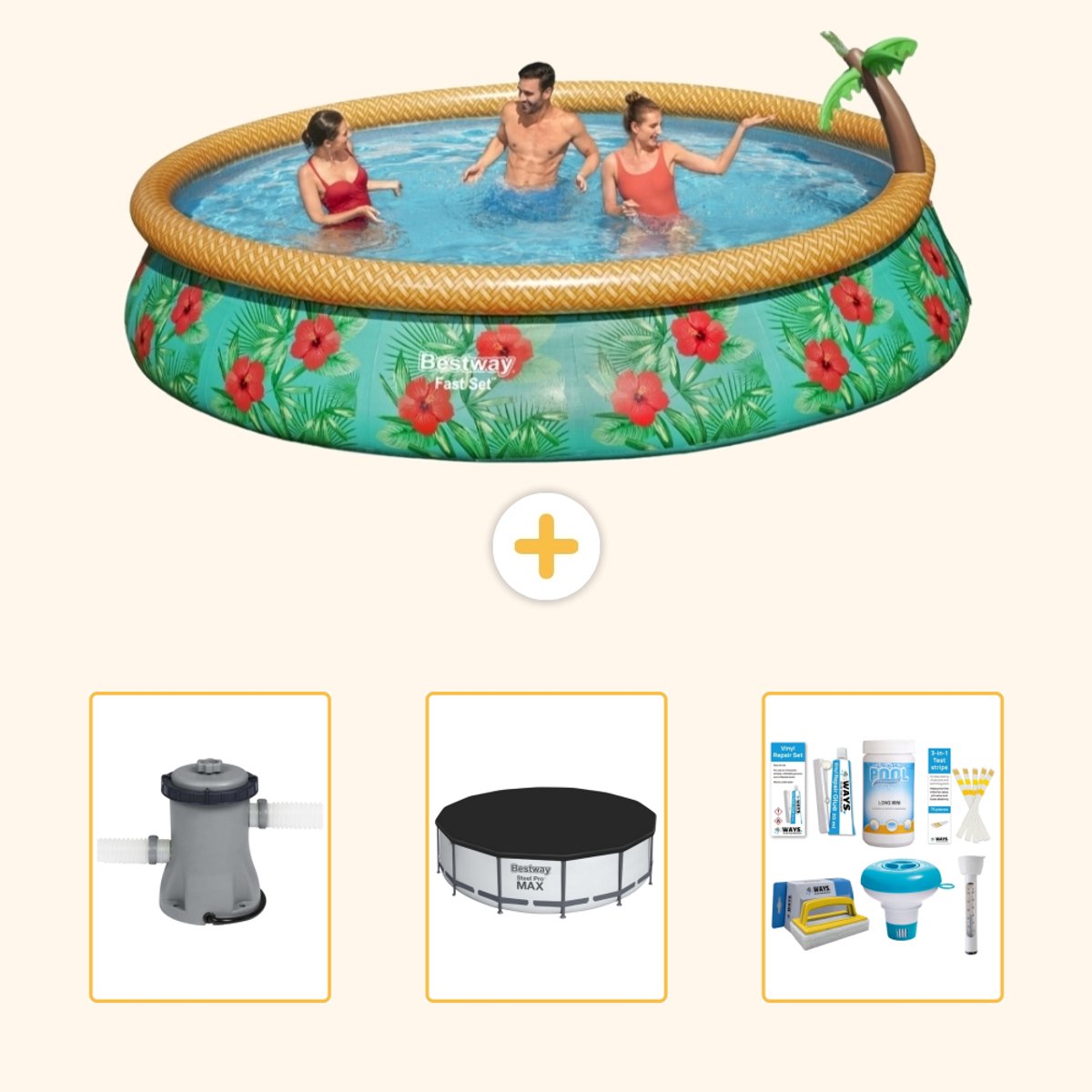 Bestway Rond Opblaasbaar Fast Set Zwembad - Paradijsprint - 457 x 84 cm - Inclusief Pomp - Afdekzeil - Onderhoudspakket - 4-delig